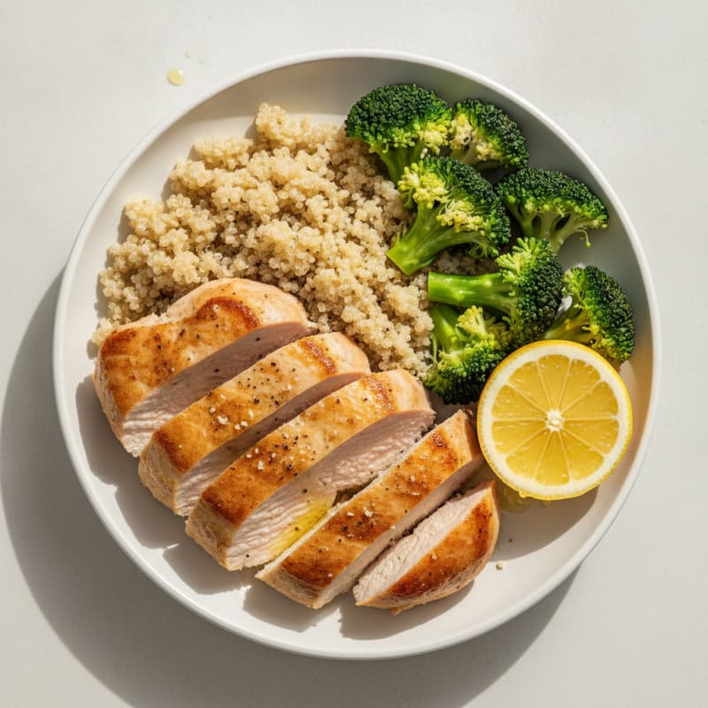 Seared Turkey Breast with Steamed Broccoli and Quinoa