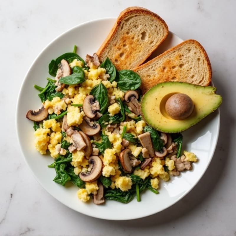 Egg White and Turkey Spinach Scramble with Sautéed Mushrooms
