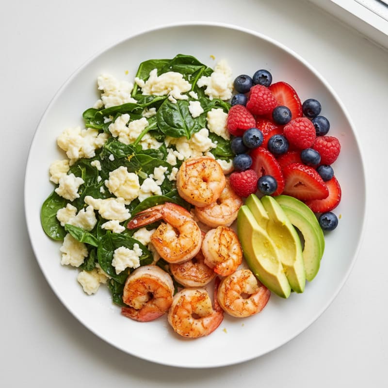 Egg White and Spinach Scramble with Seared Shrimp and Fresh Berries