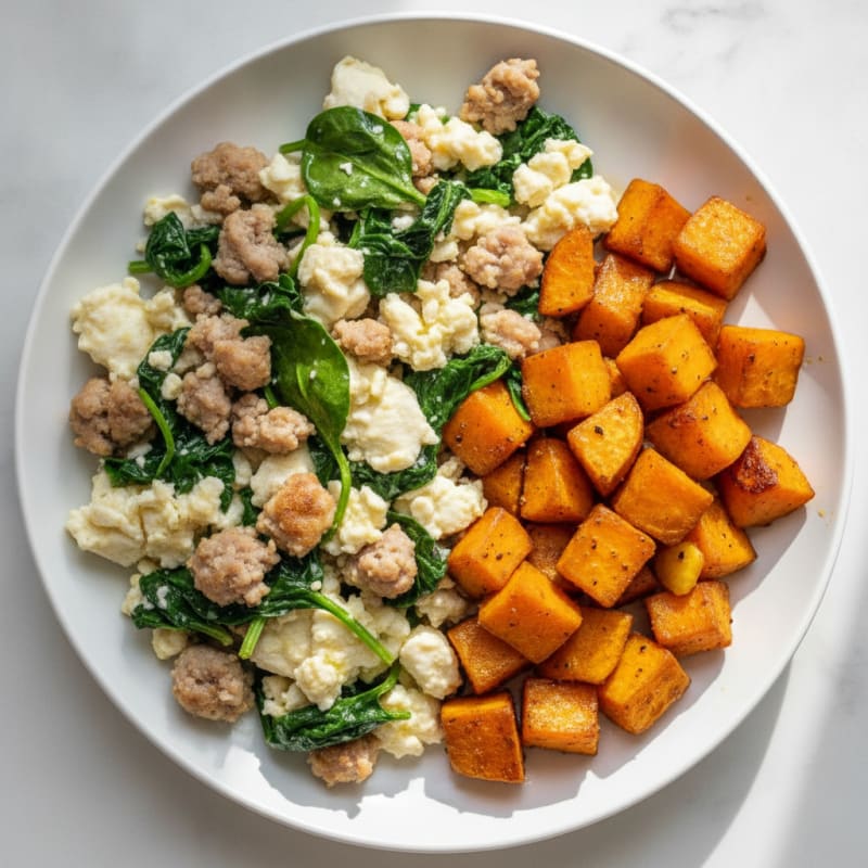 Egg White and Turkey Sausage Scramble with Spinach and Roasted Sweet Potato