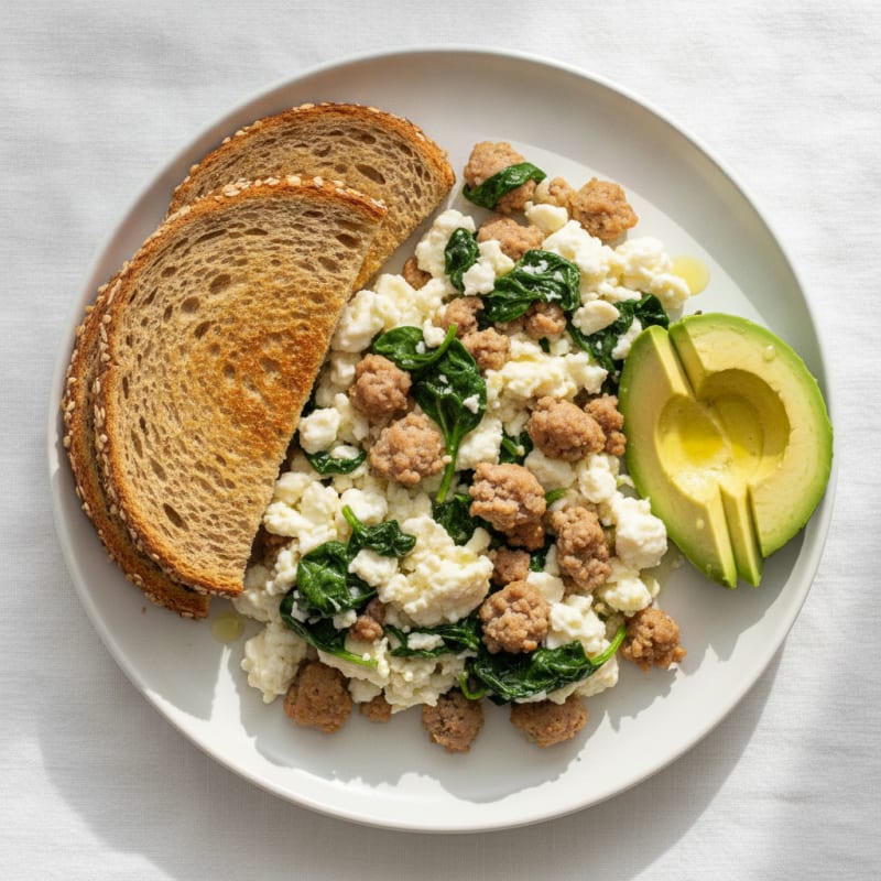 Scrambled Egg Whites with Turkey Sausage and Sautéed Spinach
