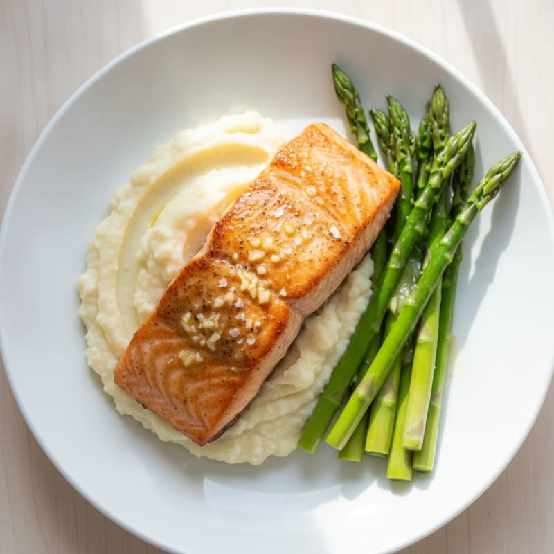 Seared Salmon with Steamed Asparagus and Cauliflower Mash