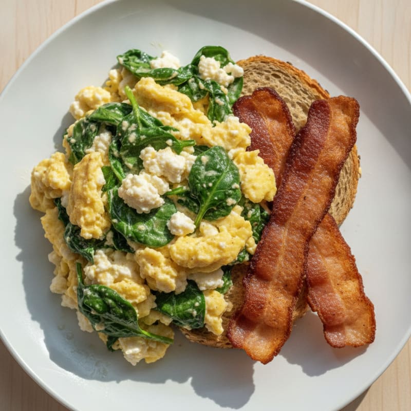 Cottage Cheese Scramble with Spinach and Turkey Bacon