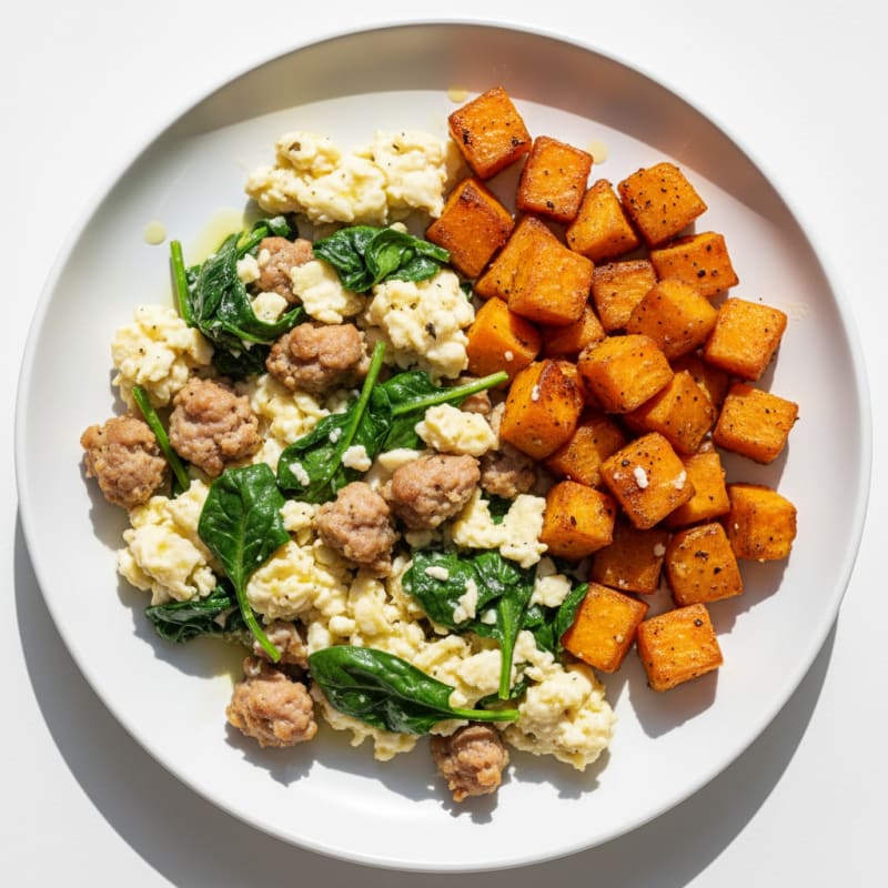 Egg White and Turkey Sausage Scramble with Spinach and Roasted Sweet Potato
