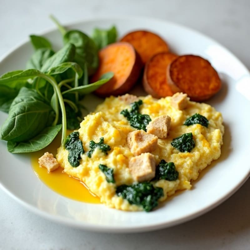 Egg White and Turkey Spinach Scramble with Roasted Sweet Potatoes