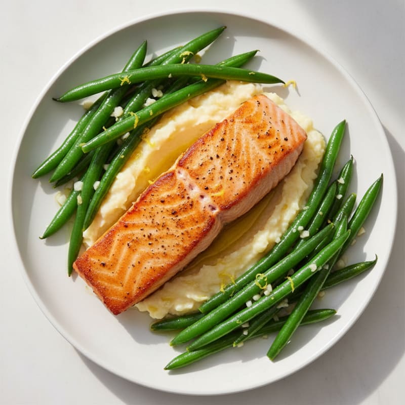Seared Salmon with Garlic Green Beans and Cauliflower Mash