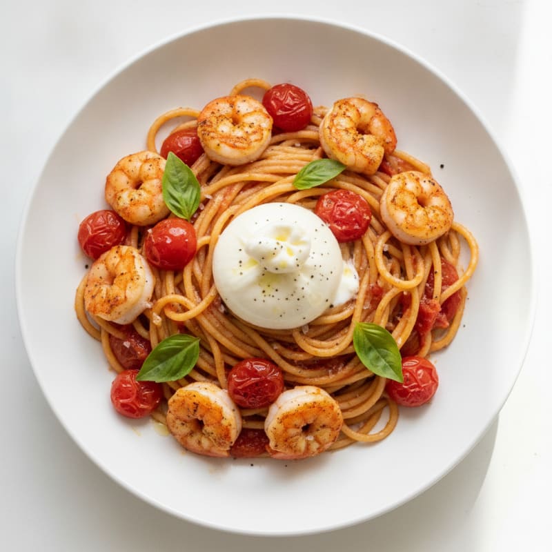 Spaghetti with Burrata and Burst Tomato Sauce