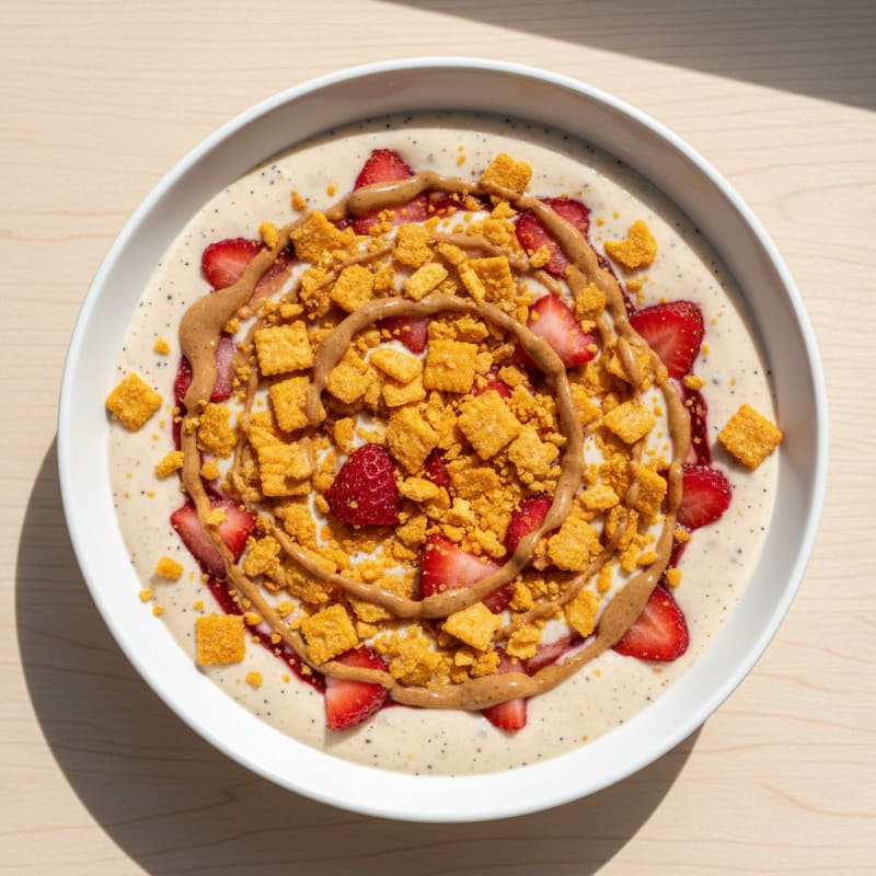 Creamy Vanilla Protein Smoothie with Strawberries and Cheezits Crumble