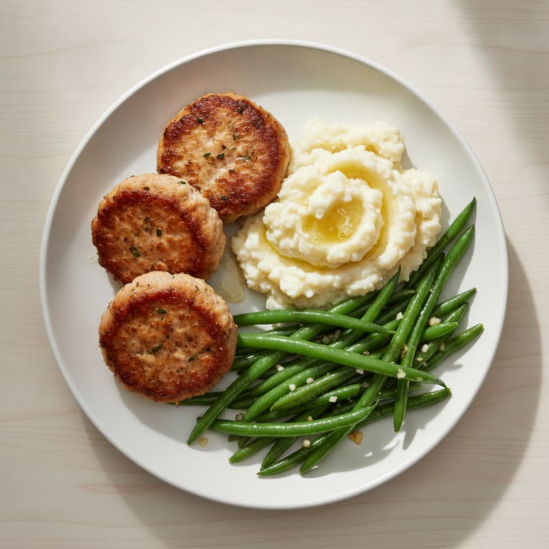 Seared Turkey Patties with Garlic Green Beans and Mashed Cauliflower