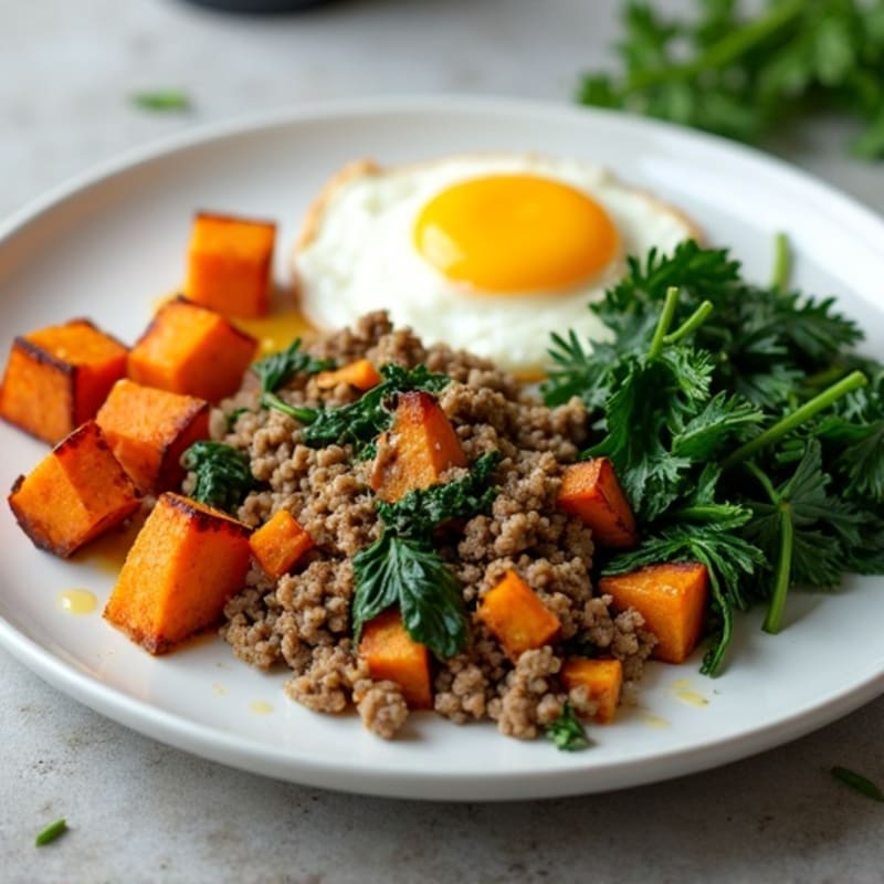 Beef and Spinach Scramble with Roasted Sweet Potatoes