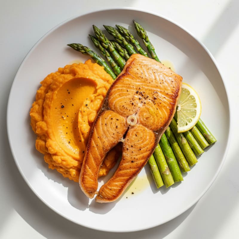 Seared Salmon with Roasted Asparagus and Sweet Potato Mash