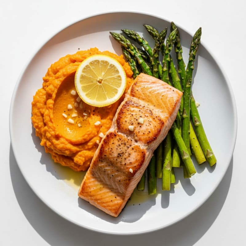 Seared Salmon Fillet with Roasted Asparagus and Sweet Potato Mash