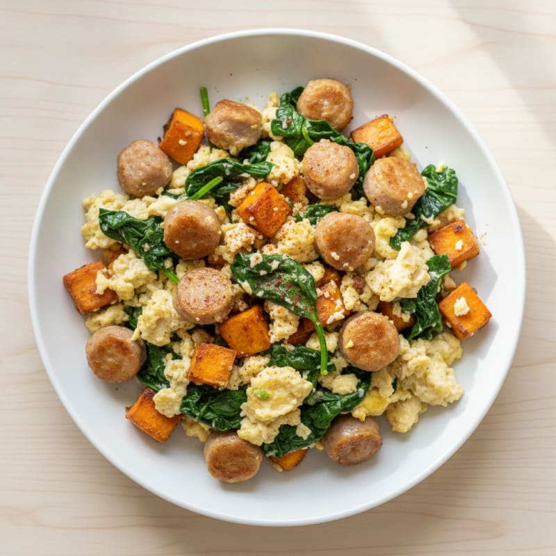 Egg White and Turkey Sausage Scramble with Spinach and Sweet Potato