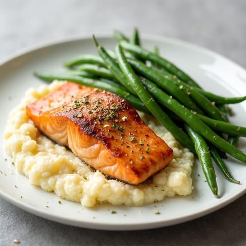 Seared Salmon with Garlic Green Beans and Cauliflower Mash