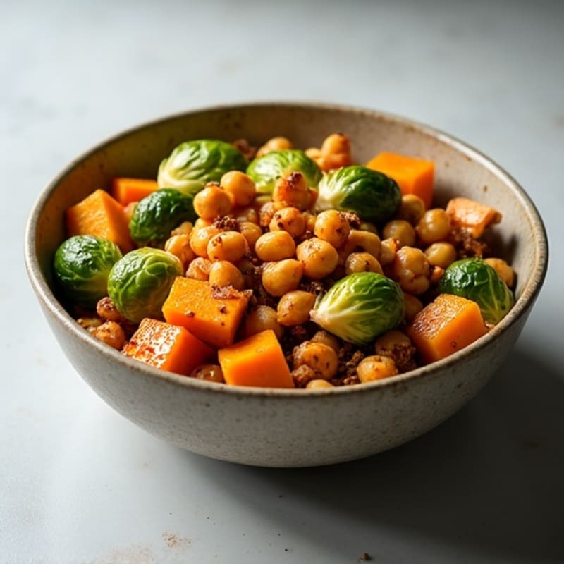 Crispy Roasted Brussels Sprouts and Butternut Squash with Chickpeas and Tofu