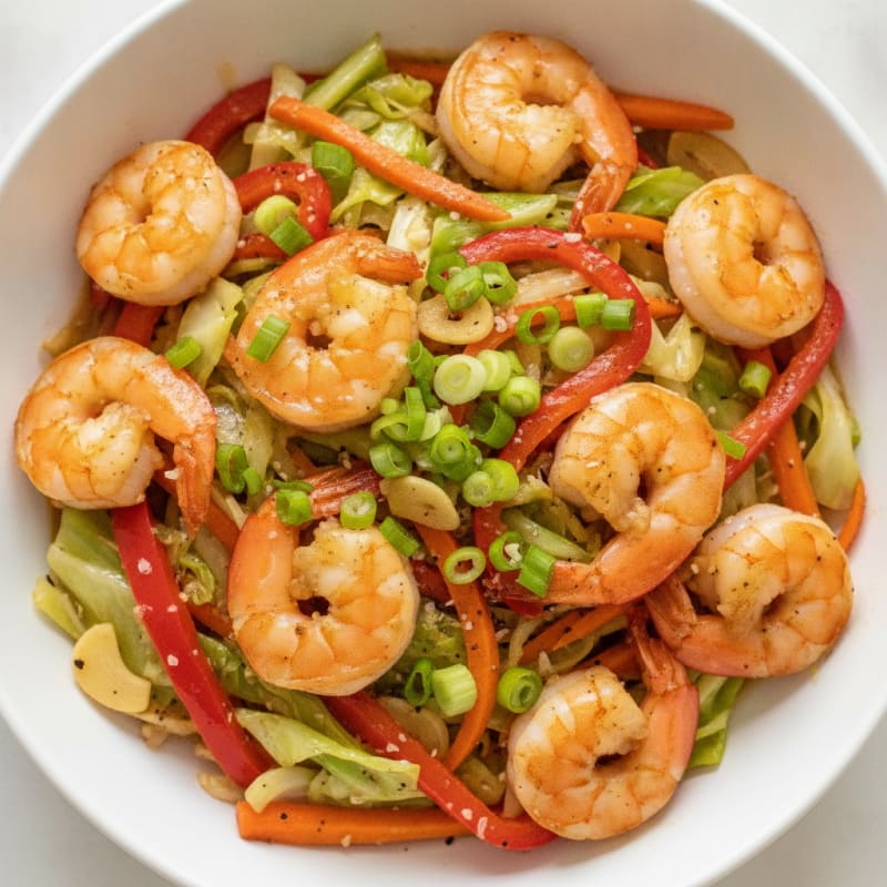 Garlic Shrimp with Sautéed Cabbage and Vegetables