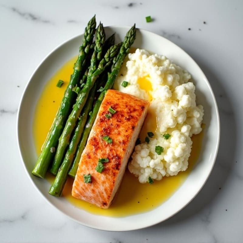 Seared Salmon with Steamed Asparagus and Garlic Cauliflower Mash