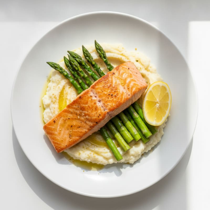 Seared Salmon Fillet with Steamed Asparagus and Cauliflower Mash