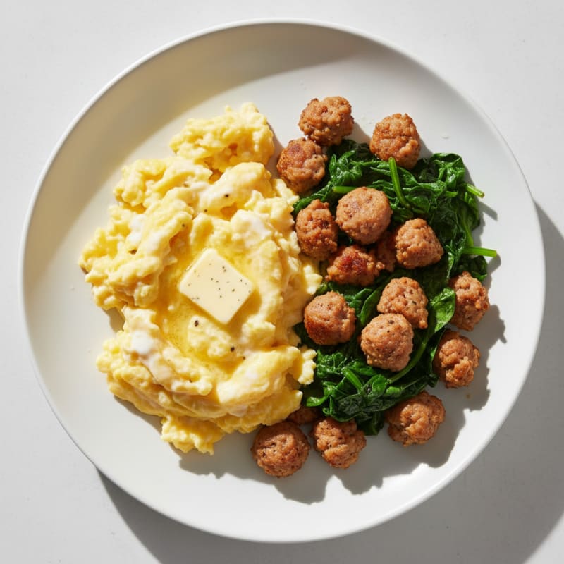 Creamy Scrambled Eggs with Turkey Sausage and Sautéed Spinach