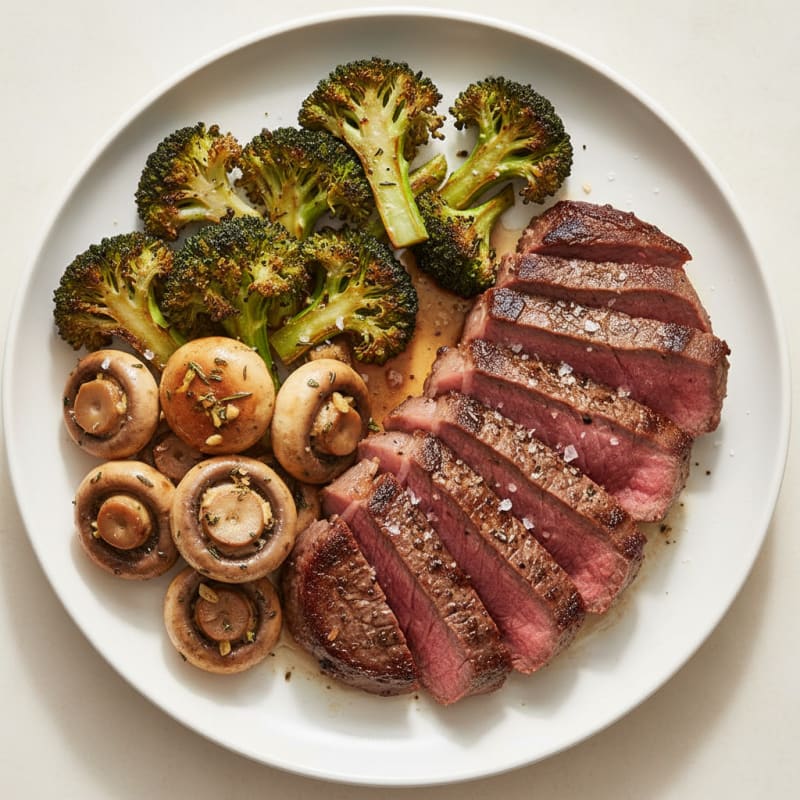 Seared Lean Steak with Roasted Broccoli and Garlic Mushrooms