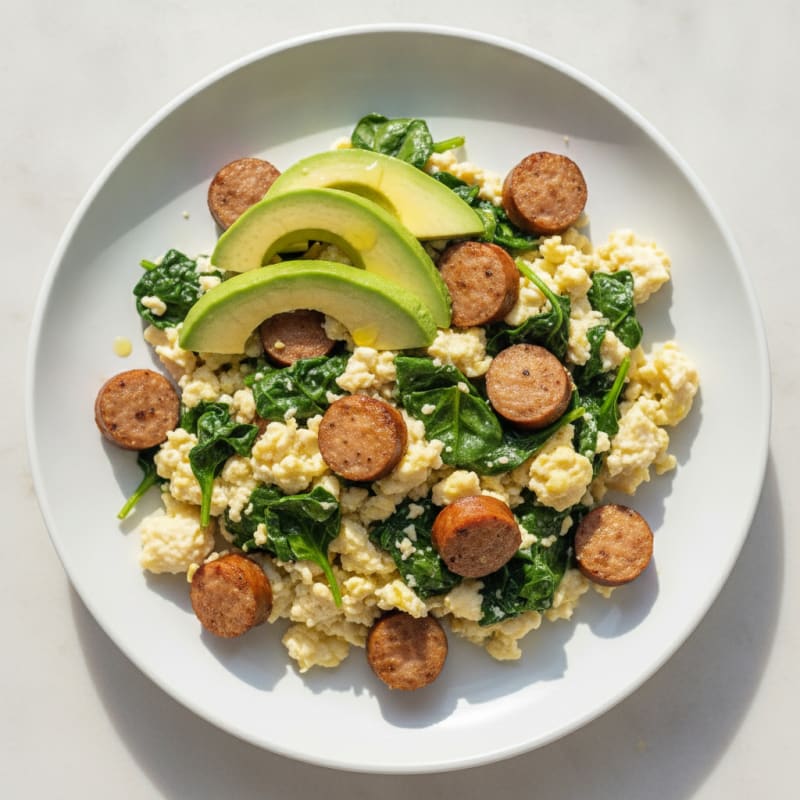 Egg White Scramble with Turkey Sausage and Sautéed Spinach