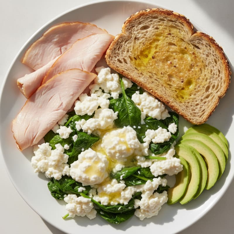 Egg White and Spinach Scramble with Cottage Cheese and Sliced Turkey