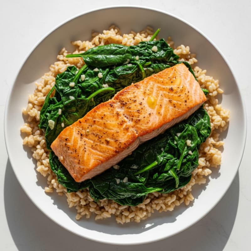 Seared Salmon with Garlic Spinach and Brown Rice