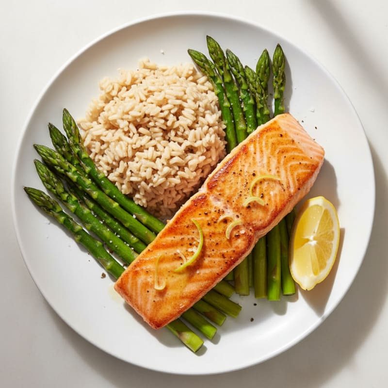 Seared Salmon with Steamed Asparagus and Brown Rice