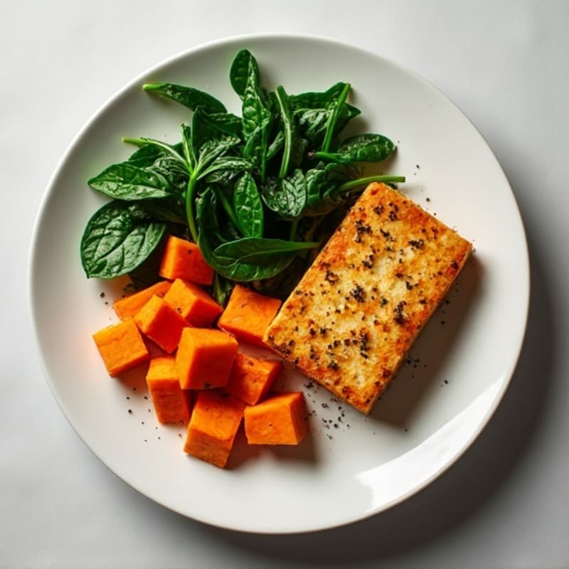 Crispy Baked Tofu with Roasted Sweet Potatoes and Greens