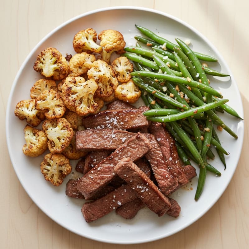 Seared Lean Beef Strips with Roasted Cauliflower and Garlic Green Beans