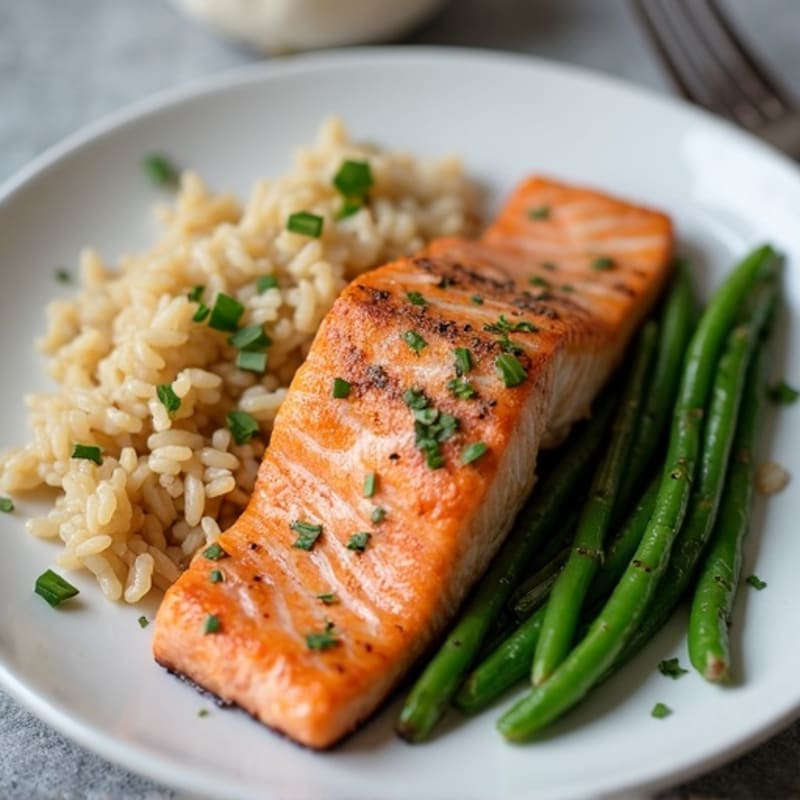 Seared Salmon with Garlic Green Beans and Brown Rice
