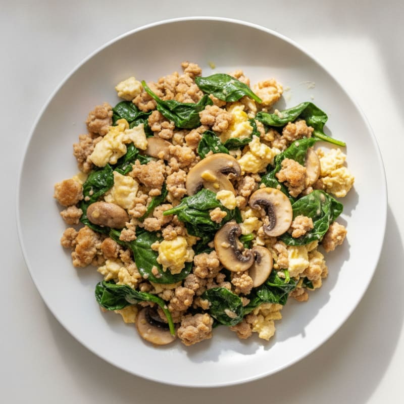 Egg White and Turkey Spinach Scramble with Sautéed Mushrooms