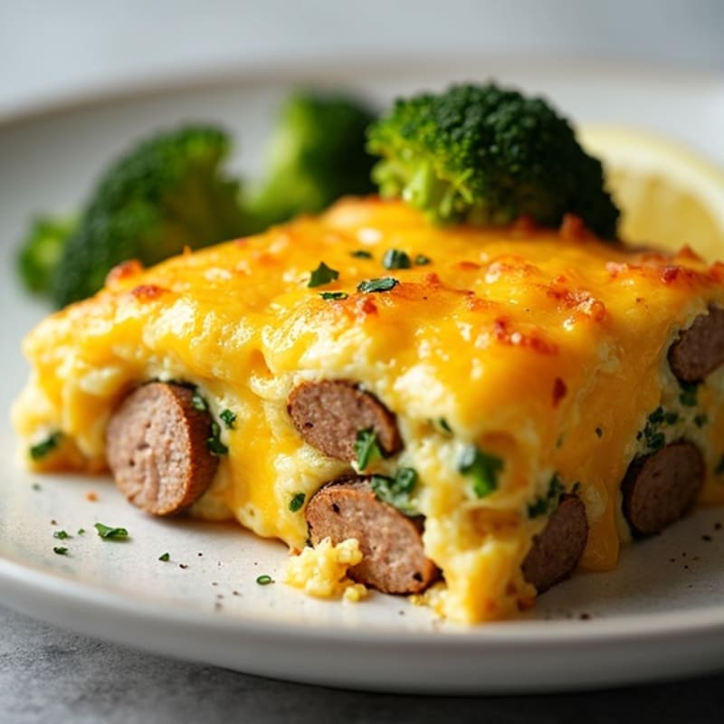 Turkey Sausage and Cheesy Egg Bake with Roasted Broccoli