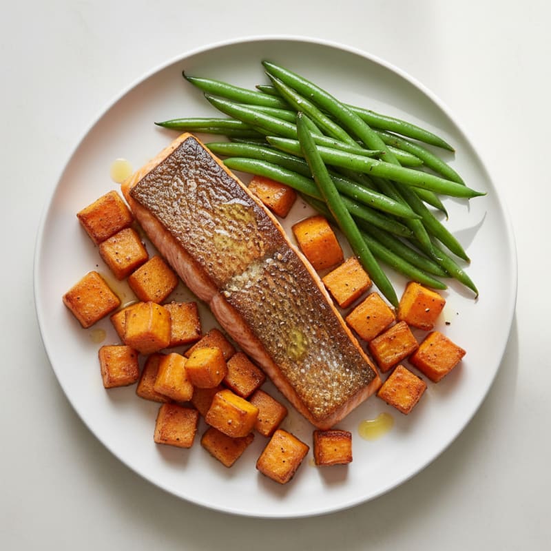 Seared Salmon with Roasted Sweet Potatoes and Green Beans