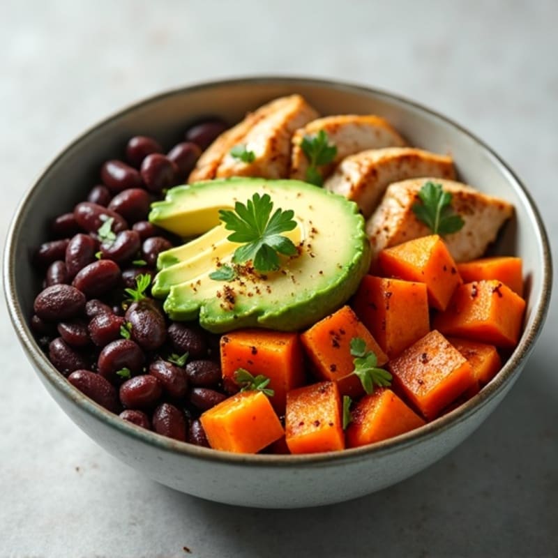 Crispy Glazed Sweet Potato and Black Bean Bowl with Creamy Avocado
