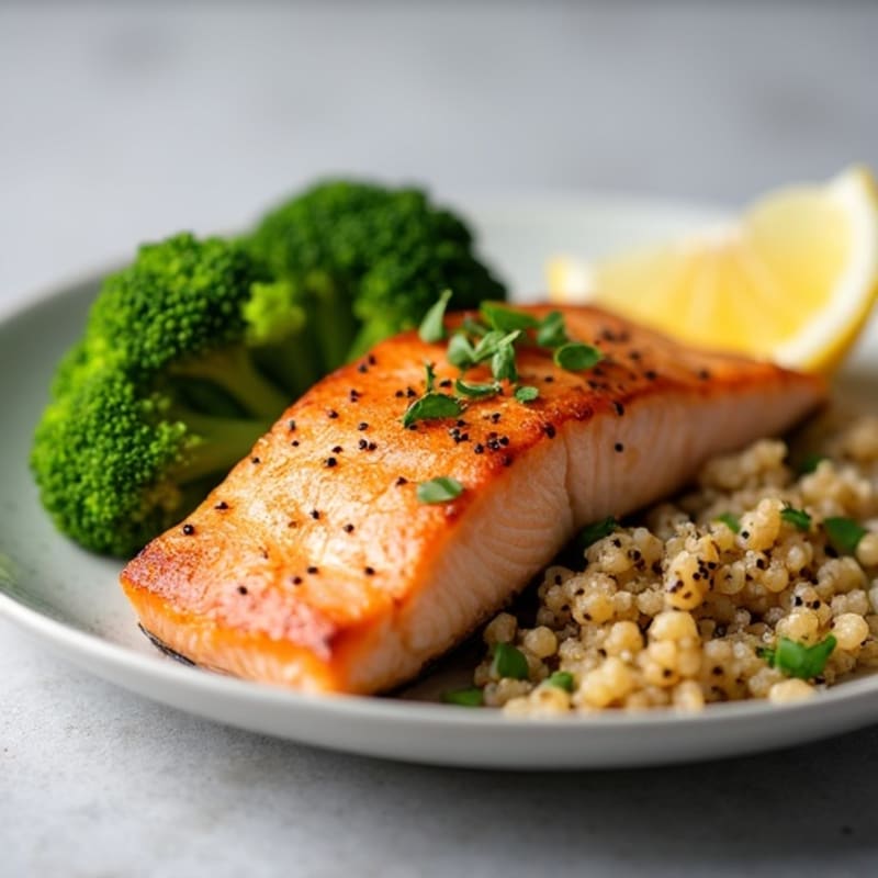 Seared Salmon with Steamed Broccoli and Quinoa
