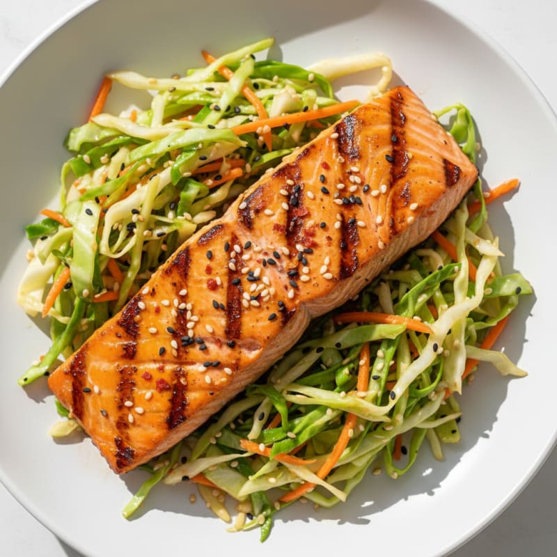 Grilled Salmon with Crunchy Sesame Cabbage Slaw