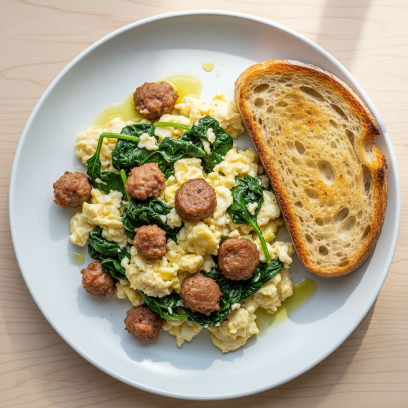Scrambled Egg Whites with Turkey Sausage and Sautéed Spinach