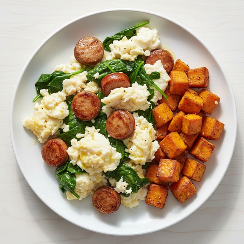 Egg White and Turkey Sausage Scramble with Sautéed Spinach and Sweet Potato