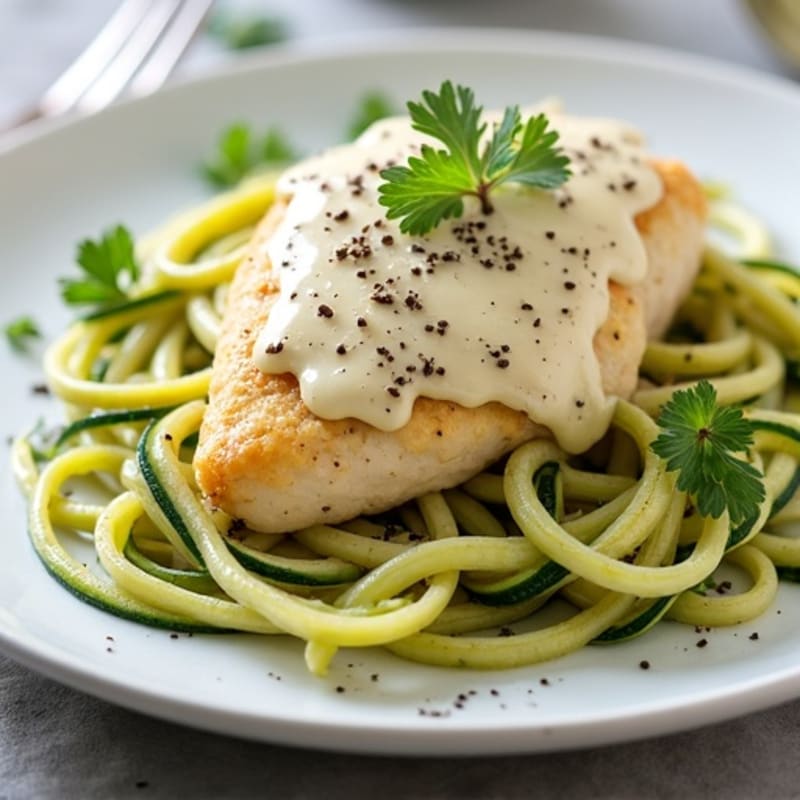 Creamy Cauliflower Alfredo Chicken with Zucchini Noodles