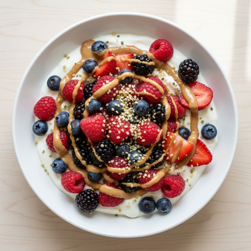 Greek Yogurt Bowl with Mixed Berries and Hemp Seeds