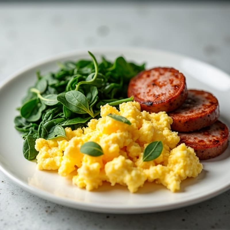 Fluffy Scrambled Eggs with Fresh Spinach and Lean Turkey Sausage