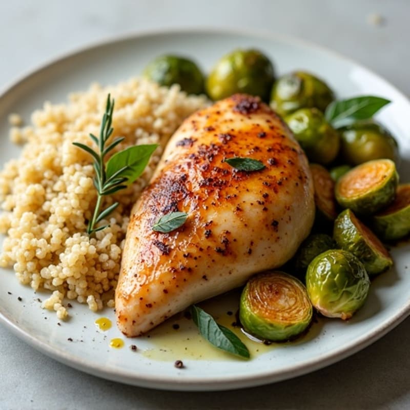 Herb-Roasted Rotisserie Chicken with Crispy Brussels Sprouts and Quinoa