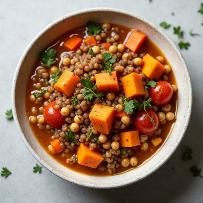 Lentil and Vegetable Stew with Herb-Roasted Sweet Potatoes