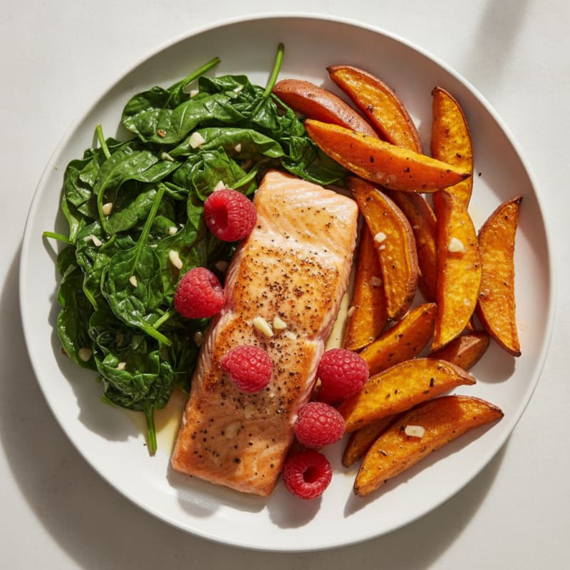 Seared Salmon with Garlic Sautéed Greens and Roasted Sweet Potatoes