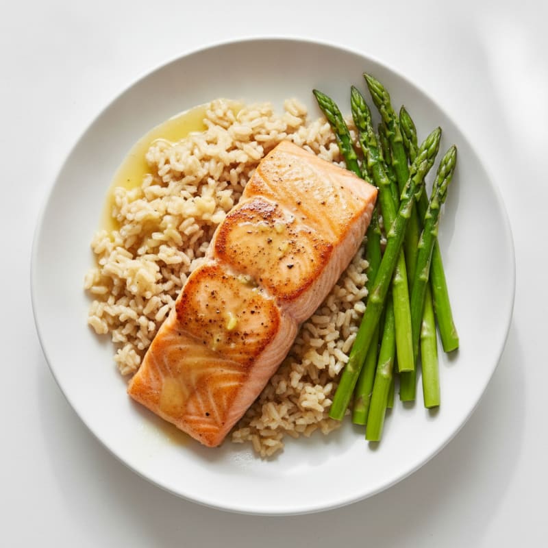 Seared Salmon Fillet with Steamed Asparagus and Brown Rice