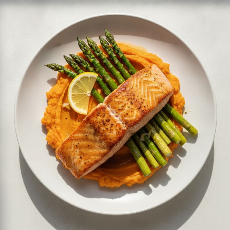 Seared Salmon with Roasted Asparagus and Sweet Potato Mash