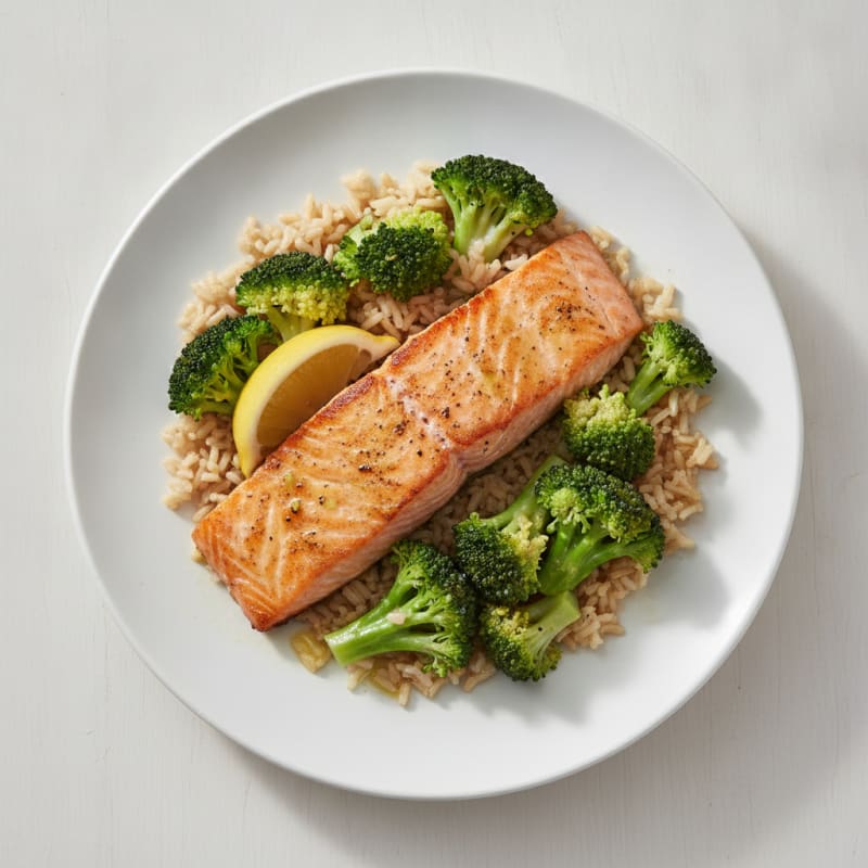 Seared Salmon Fillet with Steamed Broccoli and Brown Rice