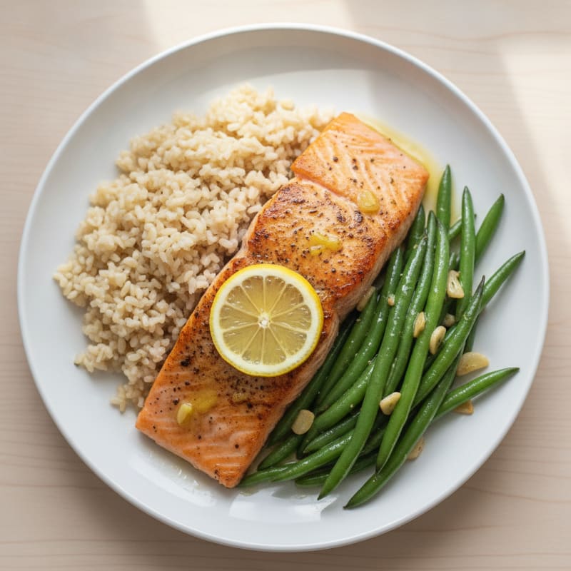 Seared Salmon with Garlic Green Beans and Brown Rice