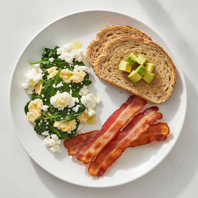 Egg White and Spinach Scramble with Cottage Cheese and Turkey Bacon